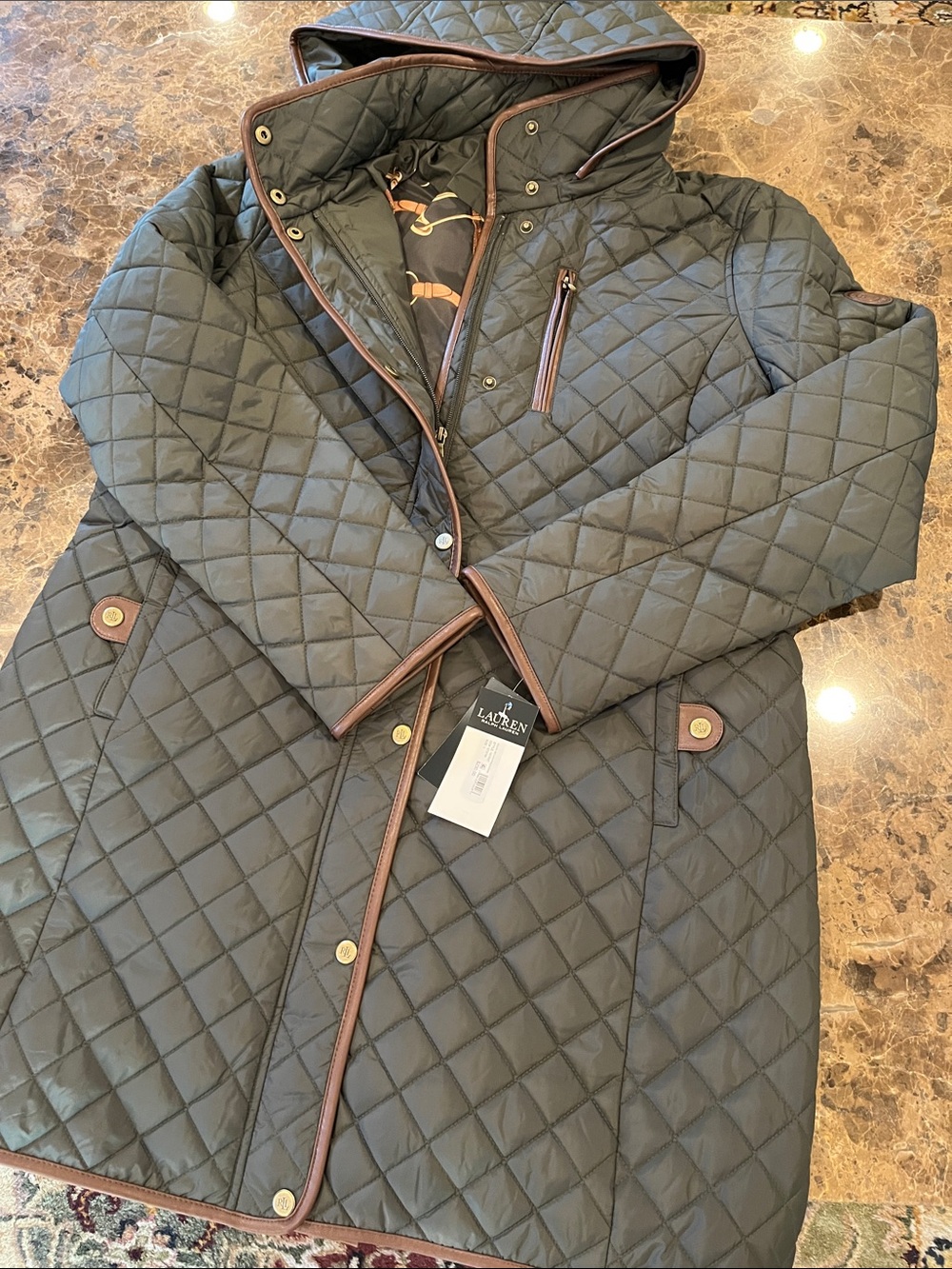 🆕 Ralph Lauren Zip Front Hooded Diamond Quilt Coat Parka size L Litchfield Loden